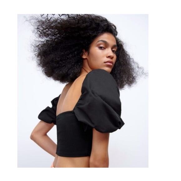 ZARA Square Neck Puff Short Sleeve Crop Top large Black - Picture 2 of 9